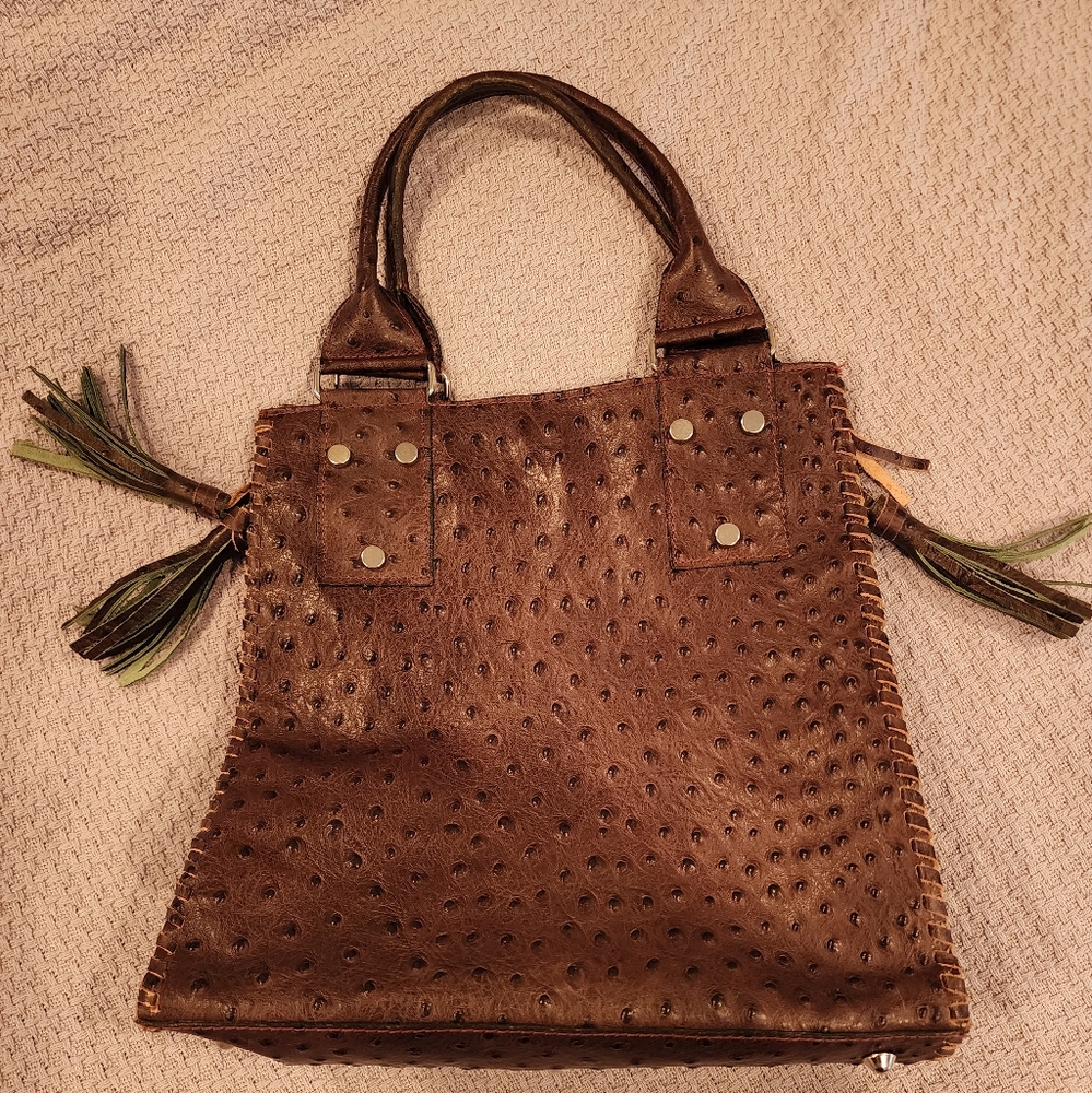 Cecconi Piero genuine brown/green ostrich leather tote bag with side tassels